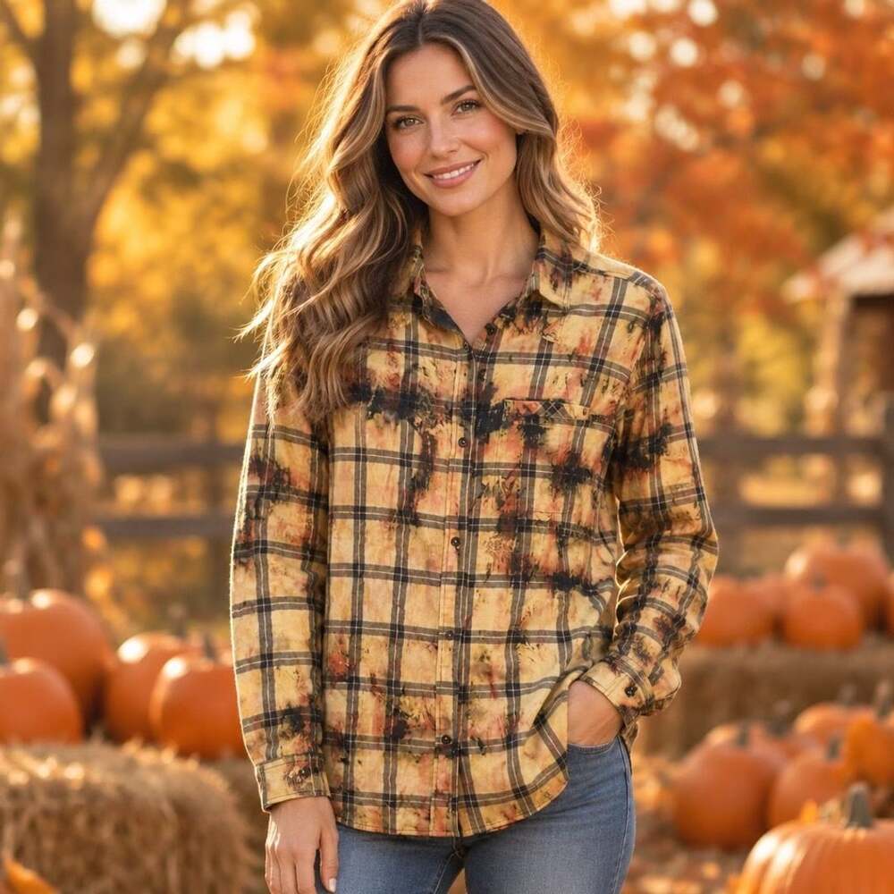 ODDY Plaid Shirt Size 1XL Bleached Distressed Button-Down